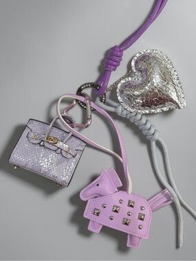 Purple  Mini fashion Bag & Studded Pony Charm Set with Silver Puffy Heart Charm